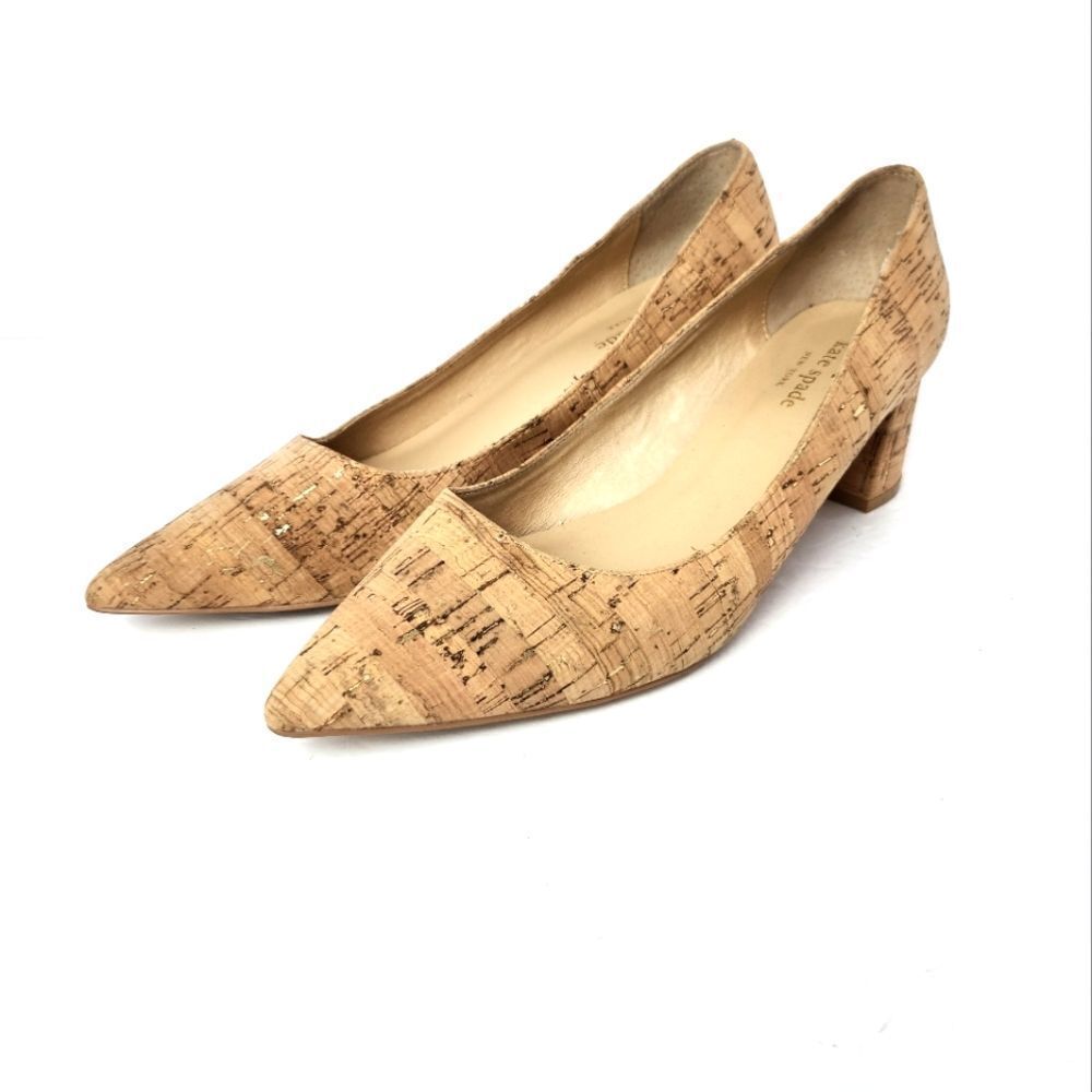 Kate Spade Aerial Block Heels Pointed Toe Cork Gold Flecked Tan Pumps Size 8.5M
